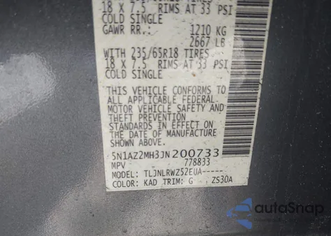 2018 Nissan Murano Sl из США, поврежденный, VIN 5N1AZ2MH3JN200733